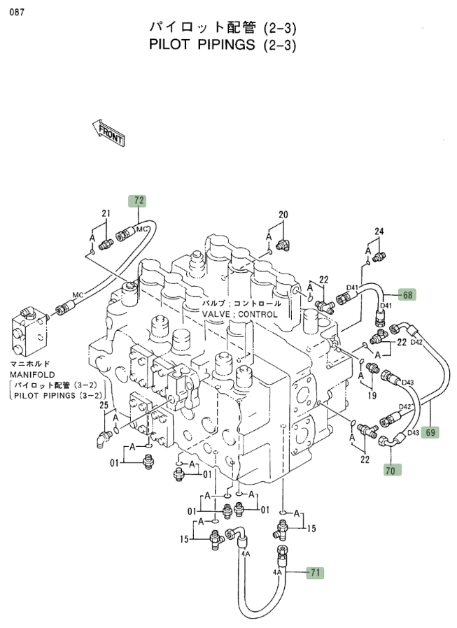 Hitachi EX400LC-3C installation diagram showing hydraulic hose 4366747 at Pipe No. 72