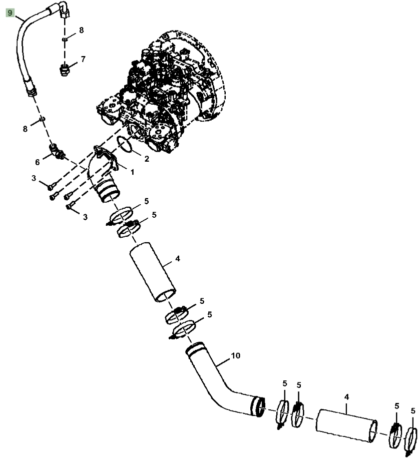 Hitachi ZX210-5A installation diagram showing hydraulic hose 4644625 at Pipe No. 9