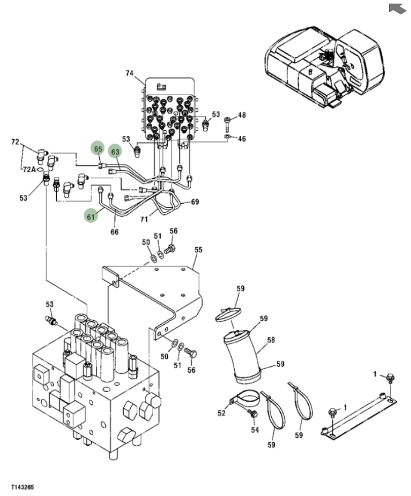 Hitachi ZX200F installation diagram showing hydraulic hose 4630938 at Pipe No. 61