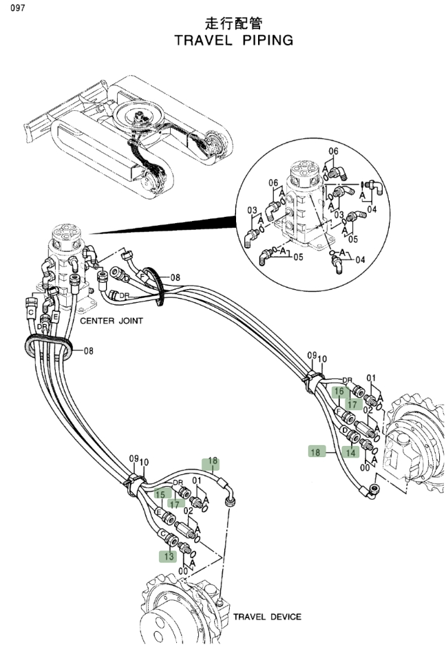 Hitachi EX17U installation diagram showing hydraulic hose 4453171 at Pipe No. 17