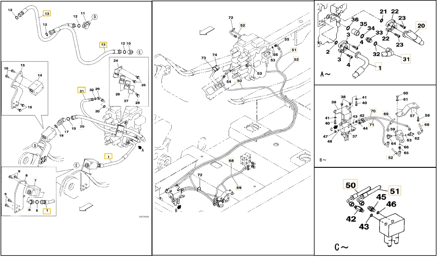 Case CX130B installation diagram showing hydraulic hose KHJ2036 at Pipe No. 69