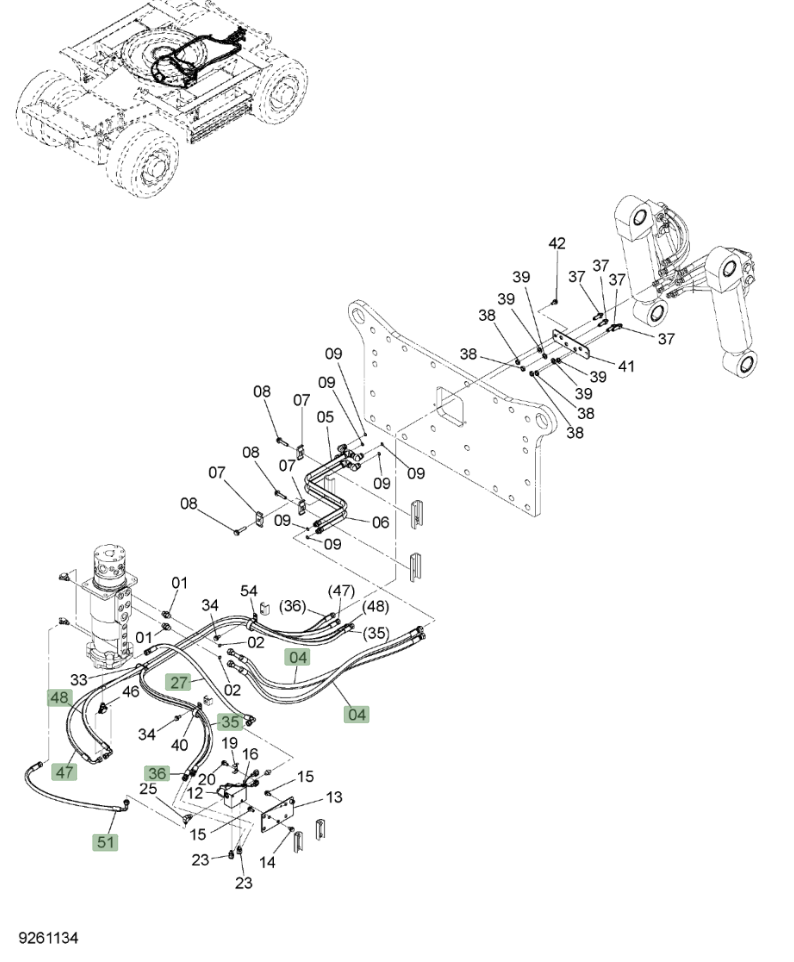 Hitachi ZX220W-3 installation diagram showing hydraulic hose 9265954 at Pipe No. 27