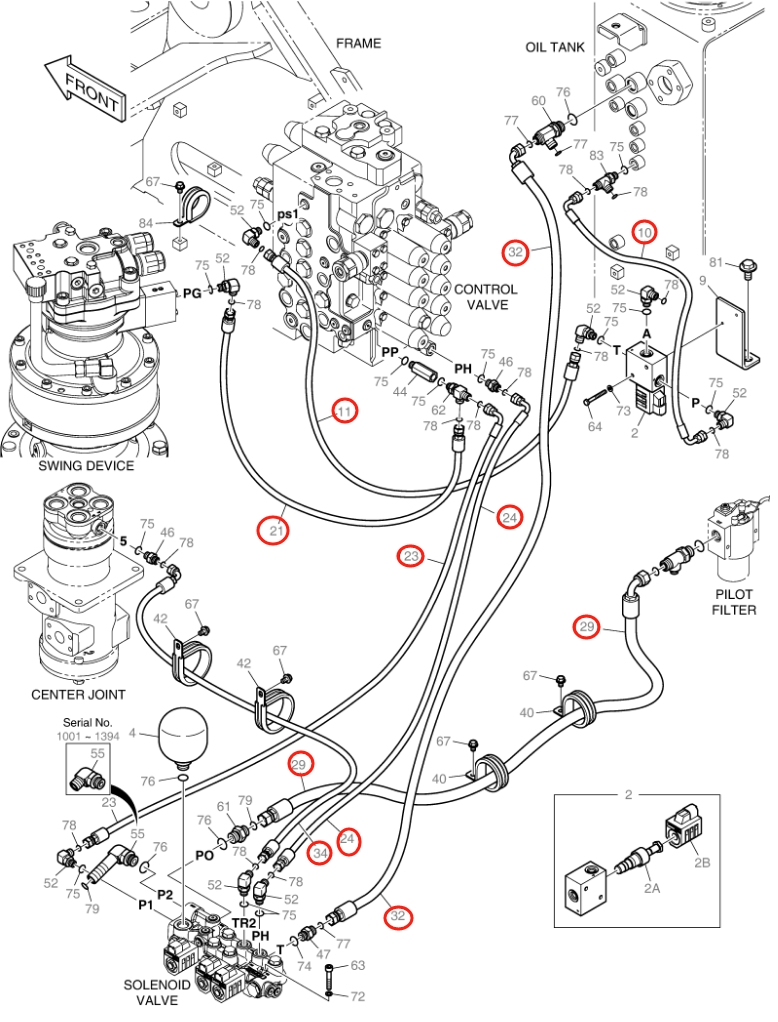 Doosan DX150LC-9C installation diagram showing hydraulic hose DS2121010 at Pipe No. 23