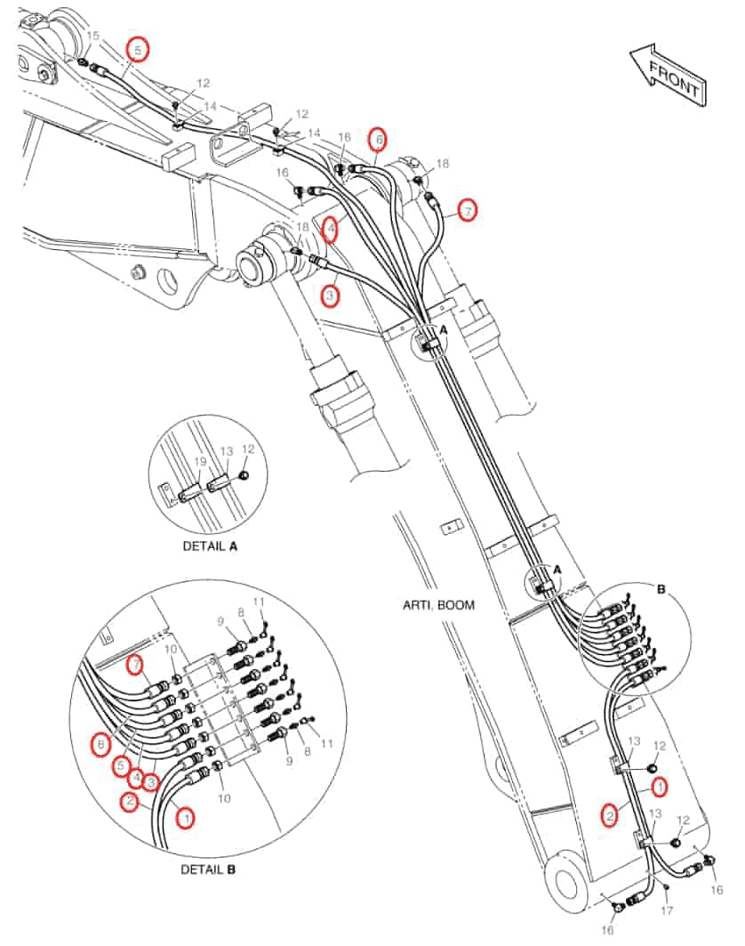 Doosan DX140W-3 installation diagram showing hydraulic hose 2184-1045D111 at Pipe No. 7