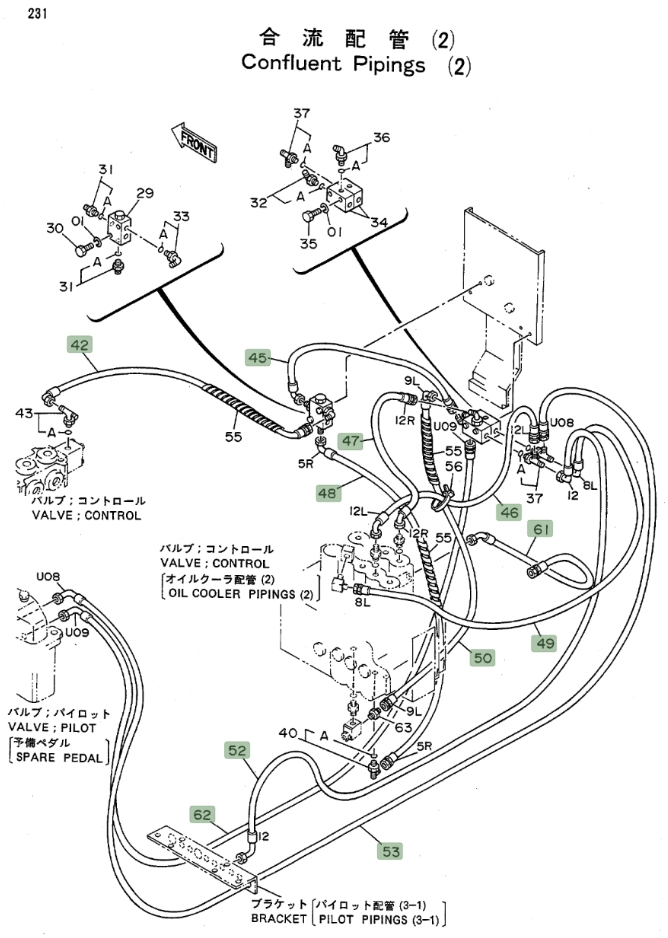 Hitachi EX100WD installation diagram showing hydraulic hose 4219384 at Pipe No. 53