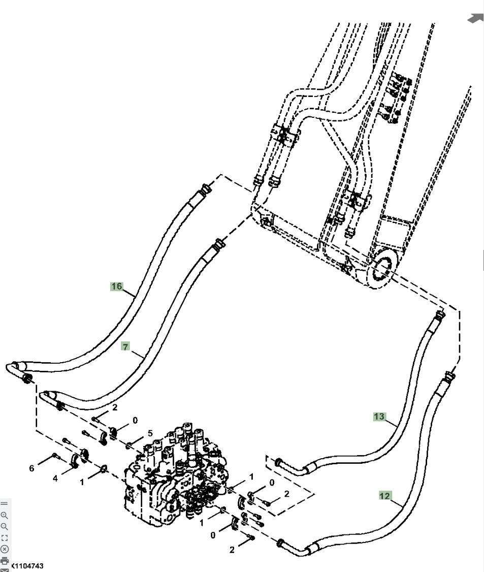 Hitachi ZX210LC-5N installation diagram showing hydraulic hose 9264581 at Pipe No. 7