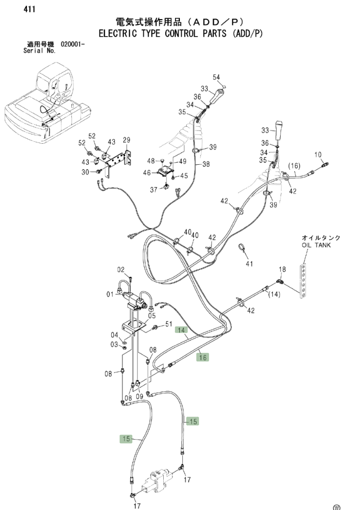 Hitachi ZX270LC installation diagram showing hydraulic hose 4366894 at Pipe No. 15
