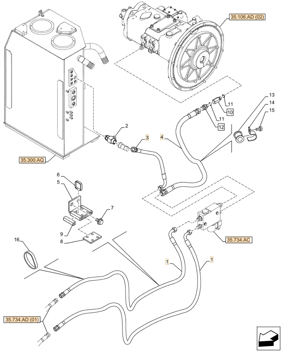Case CX300D LC installation diagram showing hydraulic hose KHJ1168 at Pipe No. 3