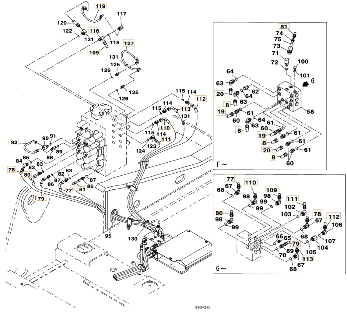 Case CX240B installation diagram showing hydraulic hose KHJ11590 at Pipe No. 77