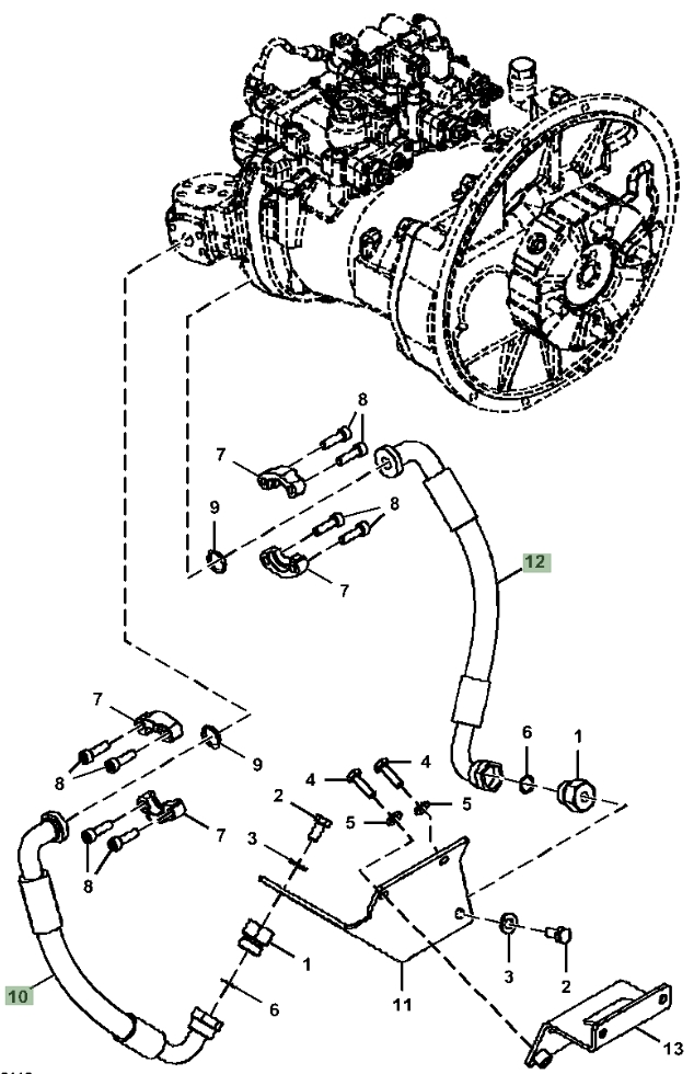 Hitachi ZX180LC-5N installation diagram showing hydraulic hose FF101086 at Pipe No. 10