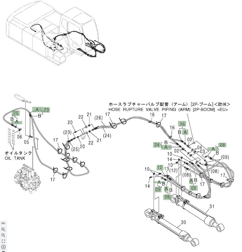 Hitachi ZX210W installation diagram showing hydraulic hose 9234556 at Pipe No. 23