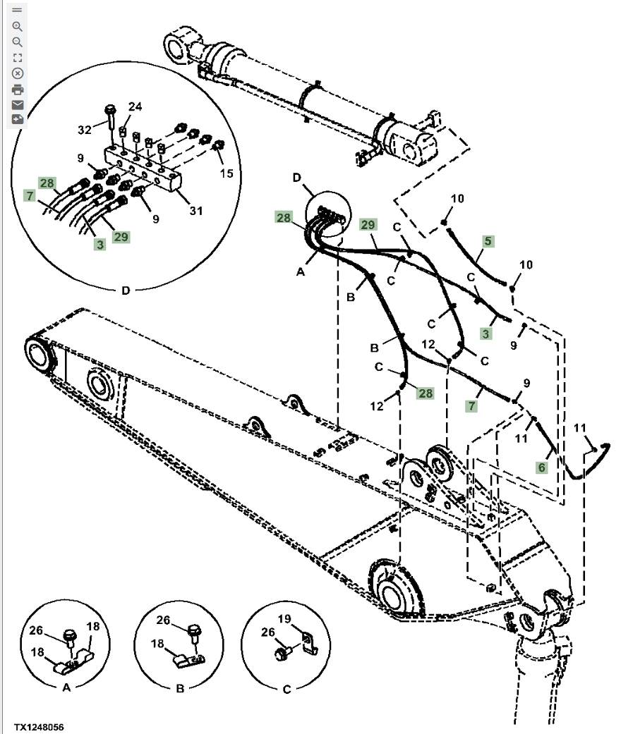 Hitachi ZX670LC-5A installation diagram showing hydraulic hose 4262280 at Pipe No. 28