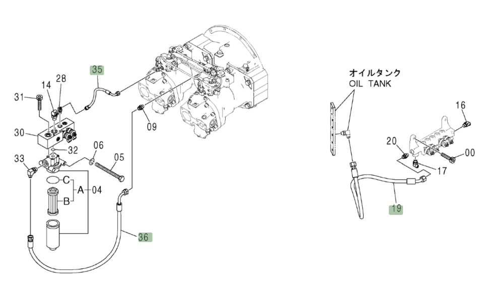 Hitachi ZX370 installation diagram showing hydraulic hose 4413313 at Pipe No. 36