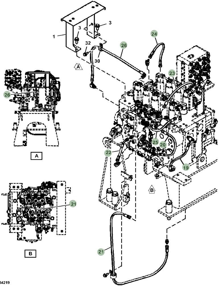 Hitachi ZX470-5A installation diagram showing hydraulic hose 4713500 at Pipe No. 19