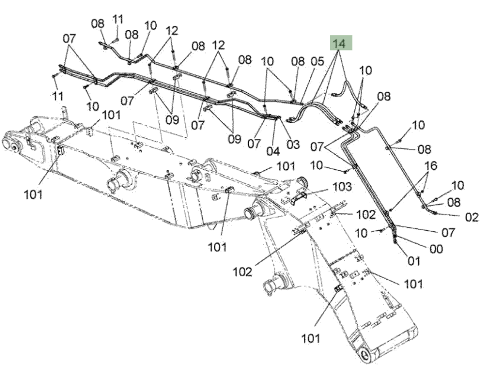 Hitachi ZX210W-3 installation diagram showing hydraulic hose 4469297 at Pipe No. 14