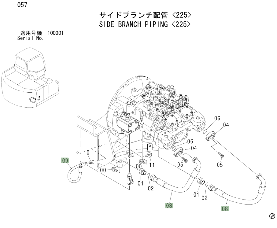 Hitachi ZX225USLC installation diagram showing hydraulic hose 4442133 at Pipe No. 9
