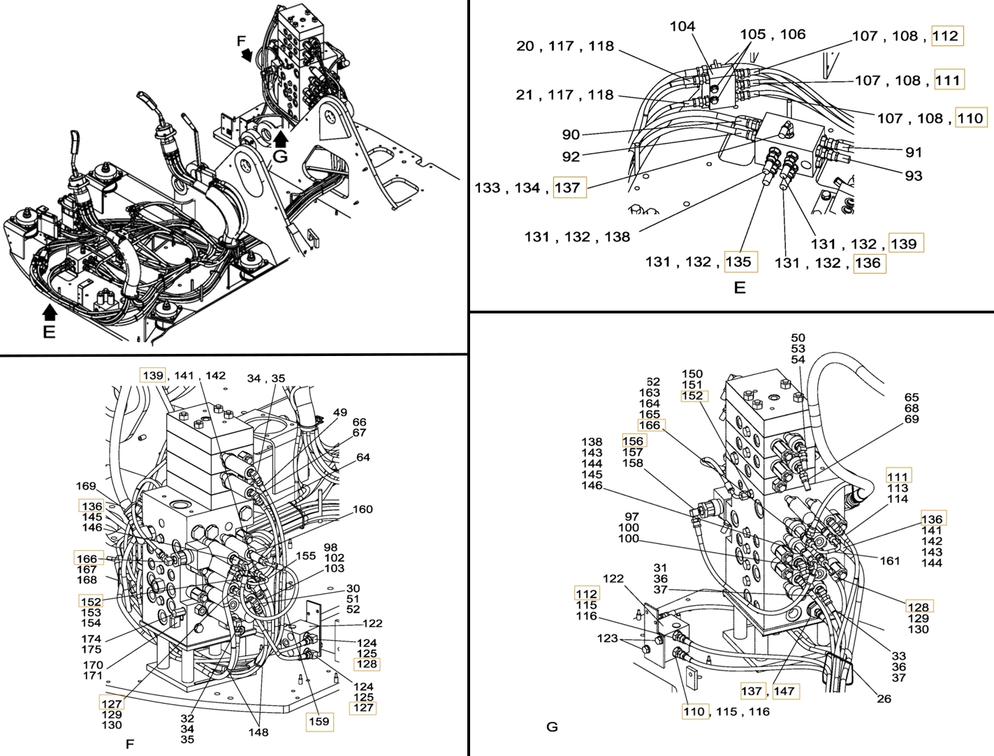 Case CX135SR installation diagram showing hydraulic hose KHJ2344 at Pipe No. 137