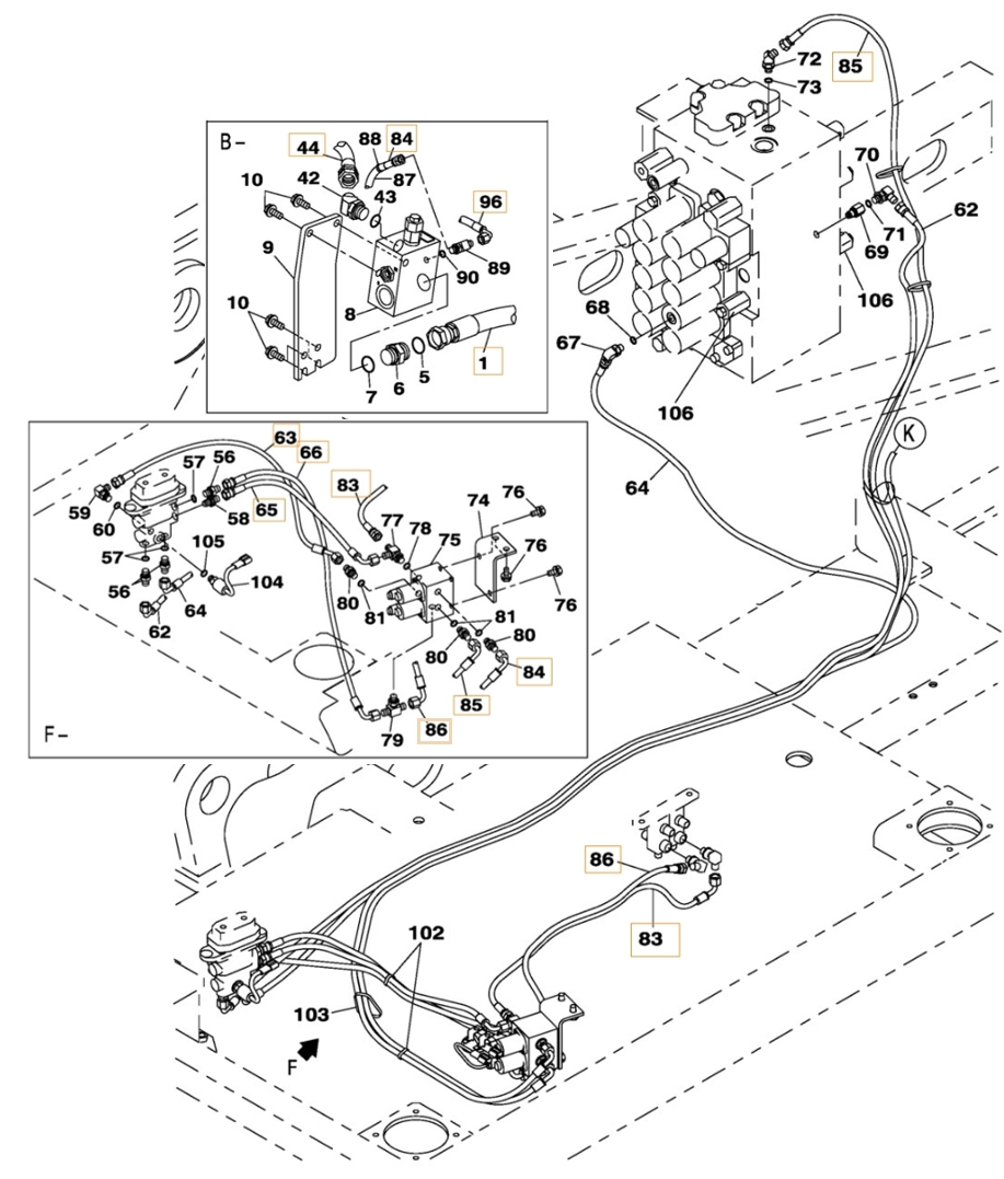 Case CX210C LR installation diagram showing hydraulic hose KHJ18110 at Pipe No. 84