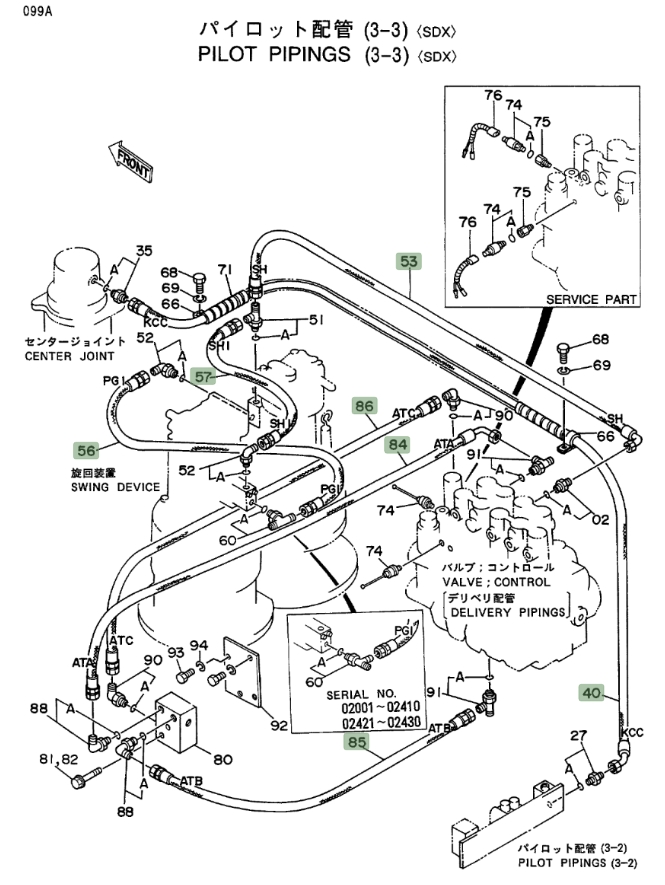Hitachi EX400LC installation diagram showing hydraulic hose 4221220 at Pipe No. 84