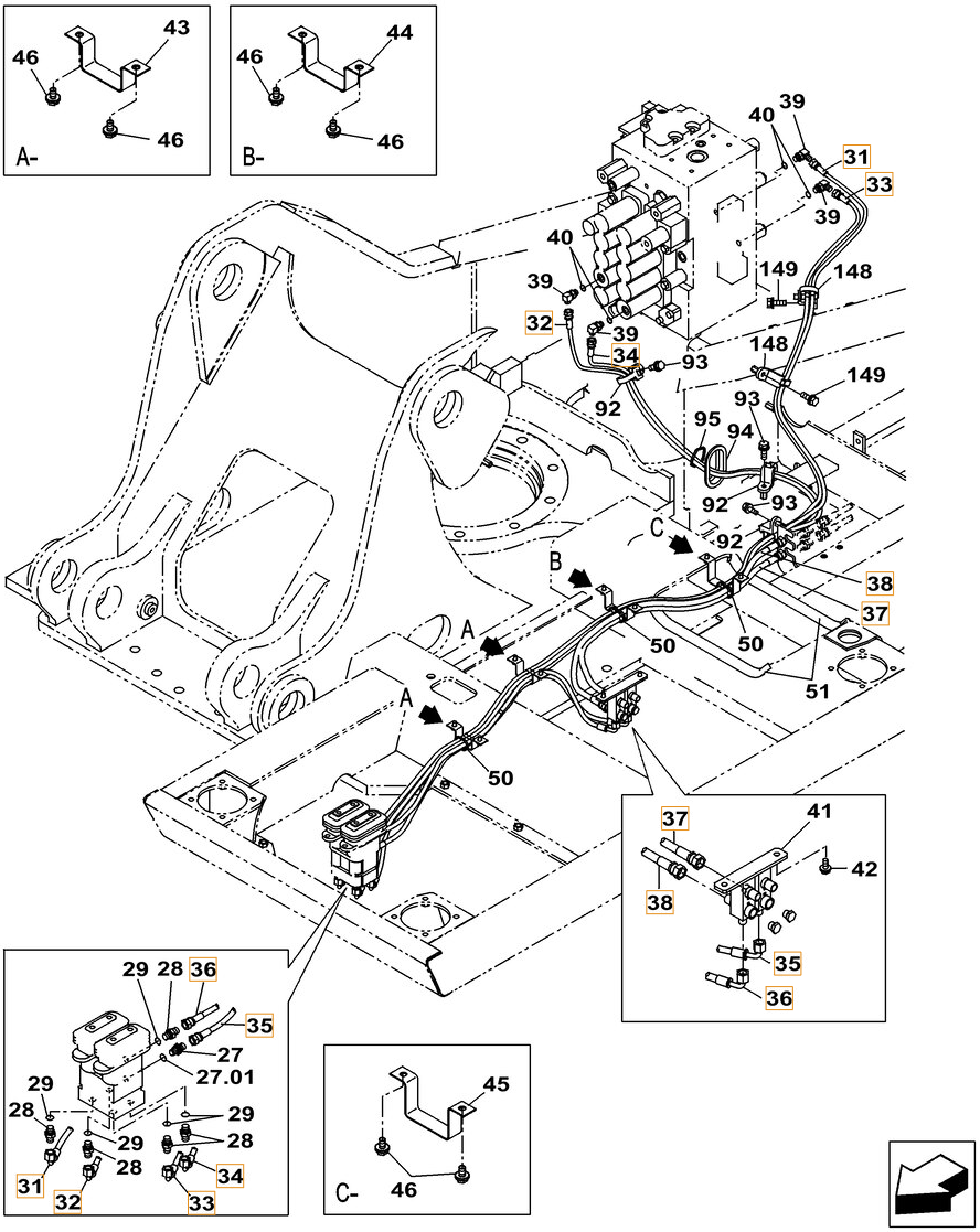 Case CX260C installation diagram showing hydraulic hose KHJ2092 at Pipe No. 35