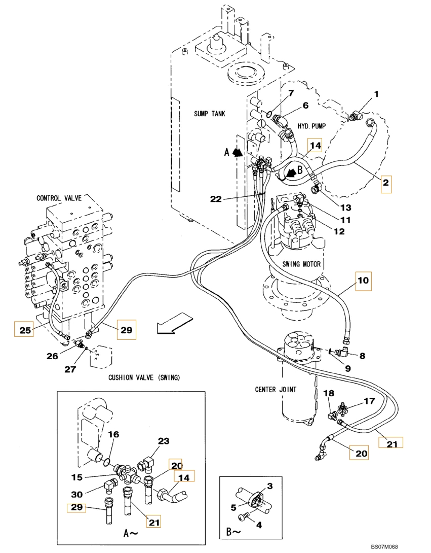 Case CX135SR installation diagram showing hydraulic hose KHJ2085 at Pipe No. 25