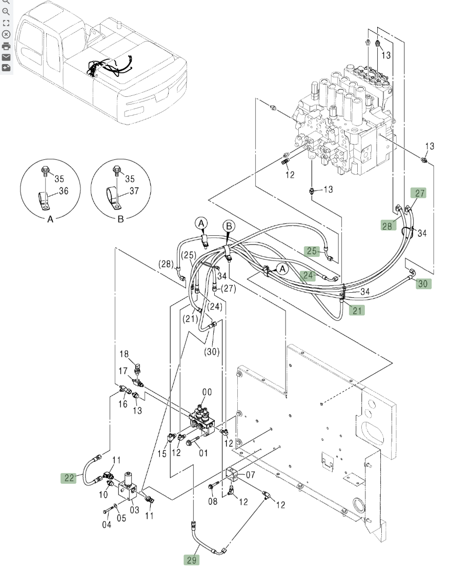 Hitachi ZX210W installation diagram showing hydraulic hose 4451995 at Pipe No. 22