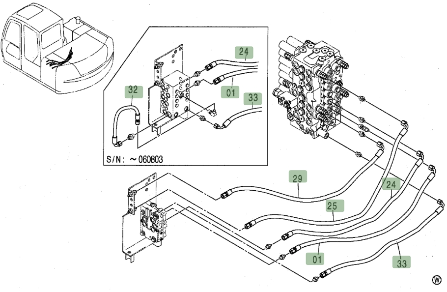Hitachi ZX80 installation diagram showing hydraulic hose 4466315 at Pipe No. 29