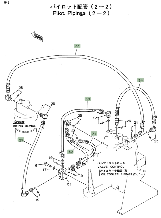 Hitachi EX100WD installation diagram showing hydraulic hose 4203111 at Pipe No. 33