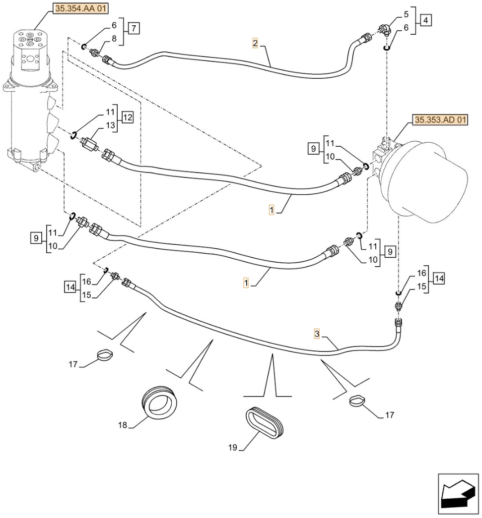 Case CX490D RTC installation diagram showing hydraulic hose KBA1163 at Pipe No. 2