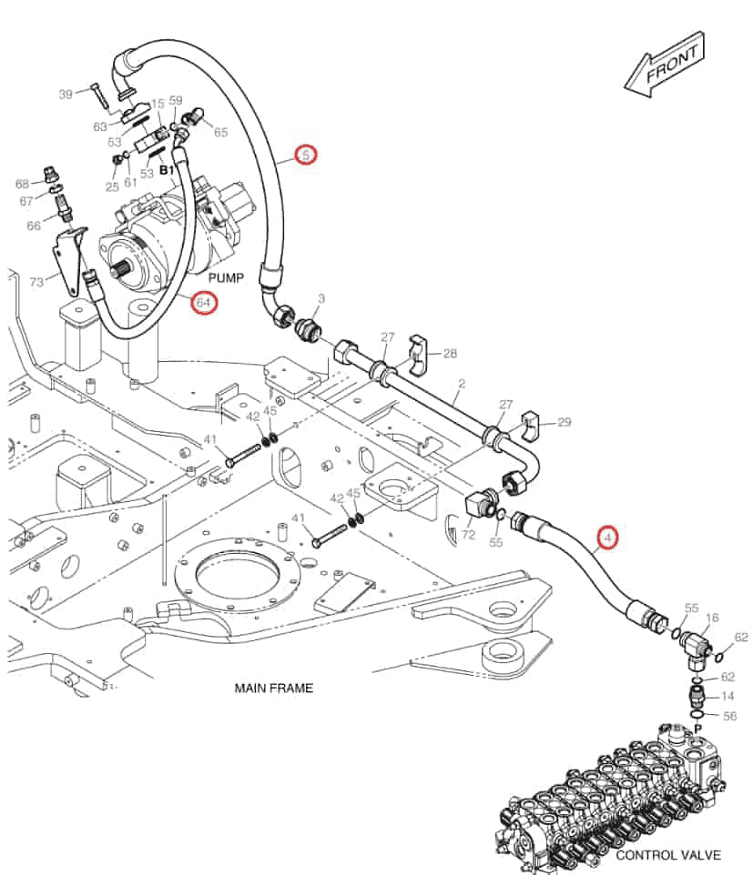 Doosan DX85R-3 installation diagram showing hydraulic hose DS2054512 at Pipe No. 64