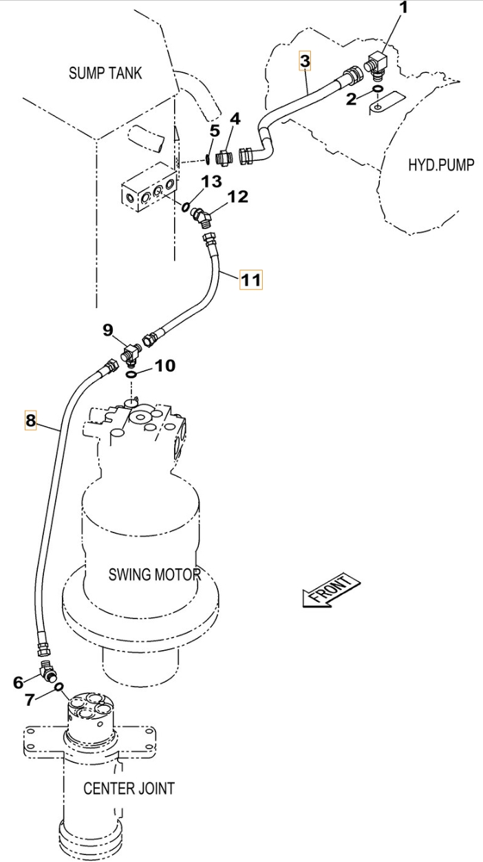 Case CX220B installation diagram showing hydraulic hose 163805A1 at Pipe No. 8