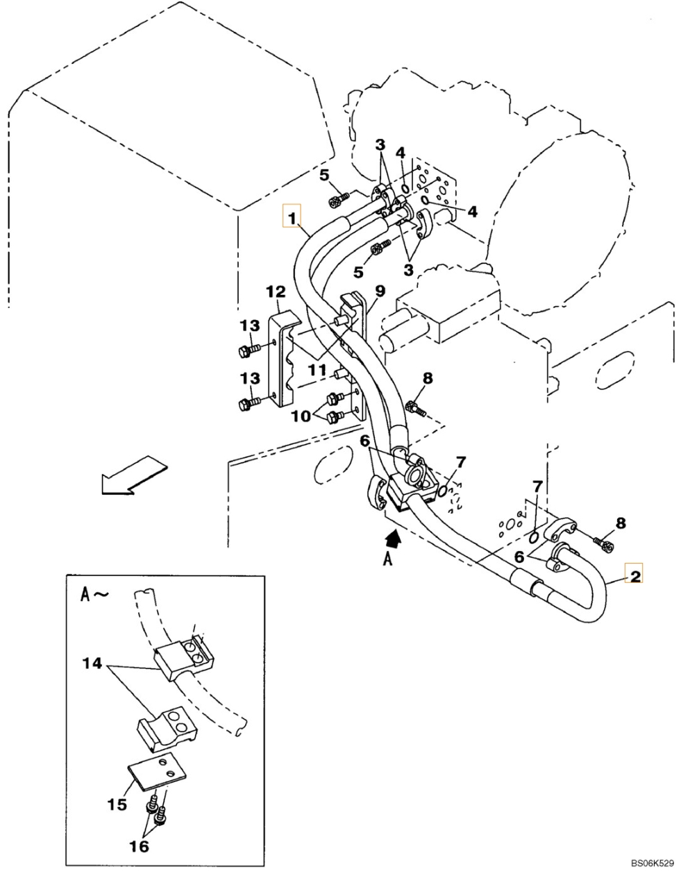Case CX210B installation diagram showing hydraulic hose KRJ16320 at Pipe No. 1