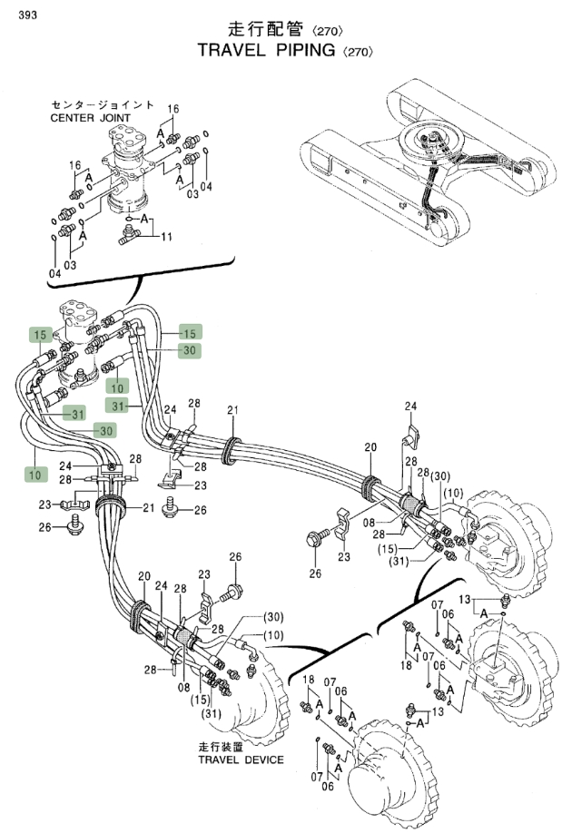 Hitachi EX270LC-5 installation diagram showing hydraulic hose 4377481 at Pipe No. 30