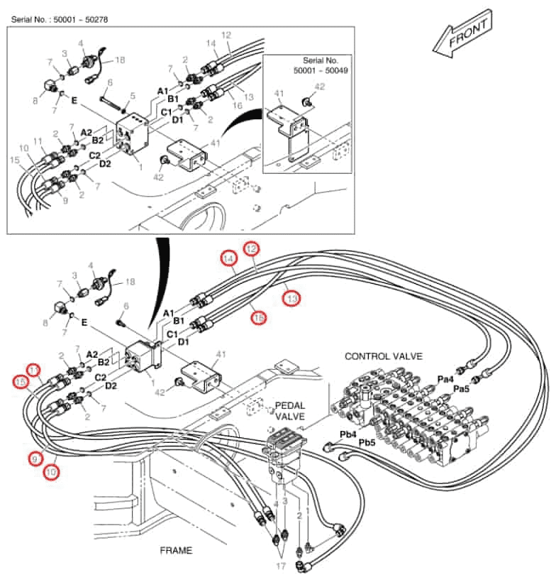 Doosan DX55 installation diagram showing hydraulic hose DS2093017 at Pipe No. 11