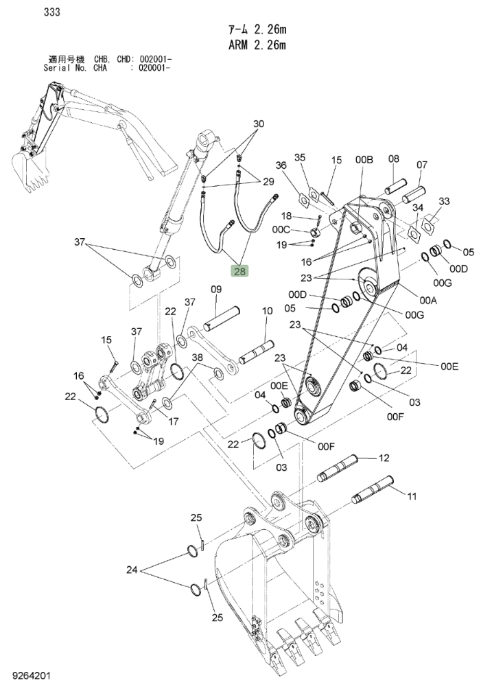 Hitachi ZX190W-3 installation diagram showing hydraulic hose 4644709 at Pipe No. 28