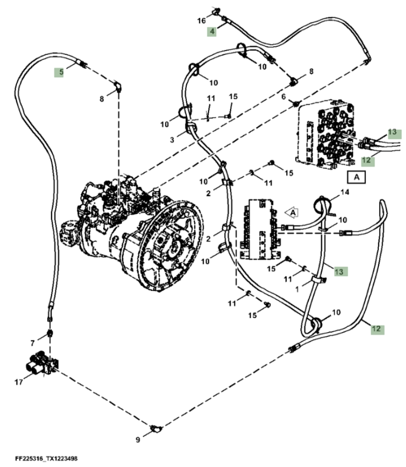 Hitachi ZX260FLC-LL-6N installation diagram showing hydraulic hose FF532281 at Pipe No. 12
