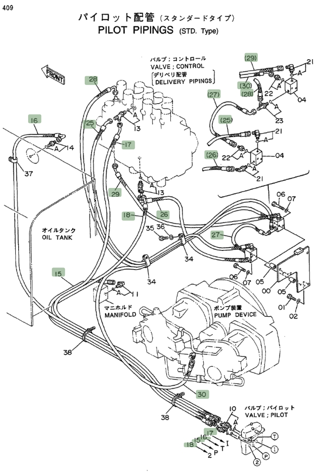 Hitachi EX400LC installation diagram showing hydraulic hose 4207376 at Pipe No. 28