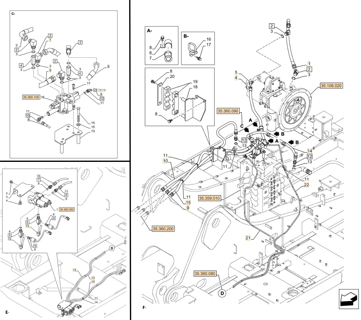 Case CX500D LC ME installation diagram showing hydraulic hose KHJ18110 at Pipe No. C8-E12-F21