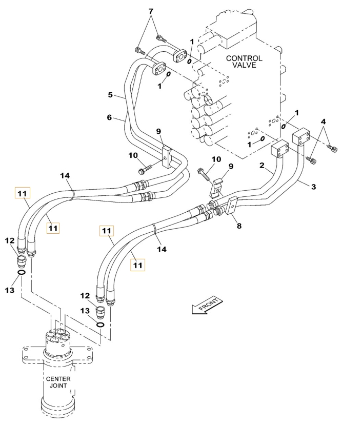 Case CX230B installation diagram showing hydraulic hose KRJ10710 at Pipe No. 11
