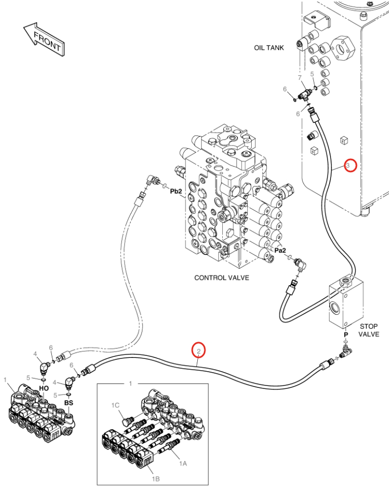 Doosan DX140LC-3 installation diagram showing hydraulic hose DS2119105 at Pipe No. 2
