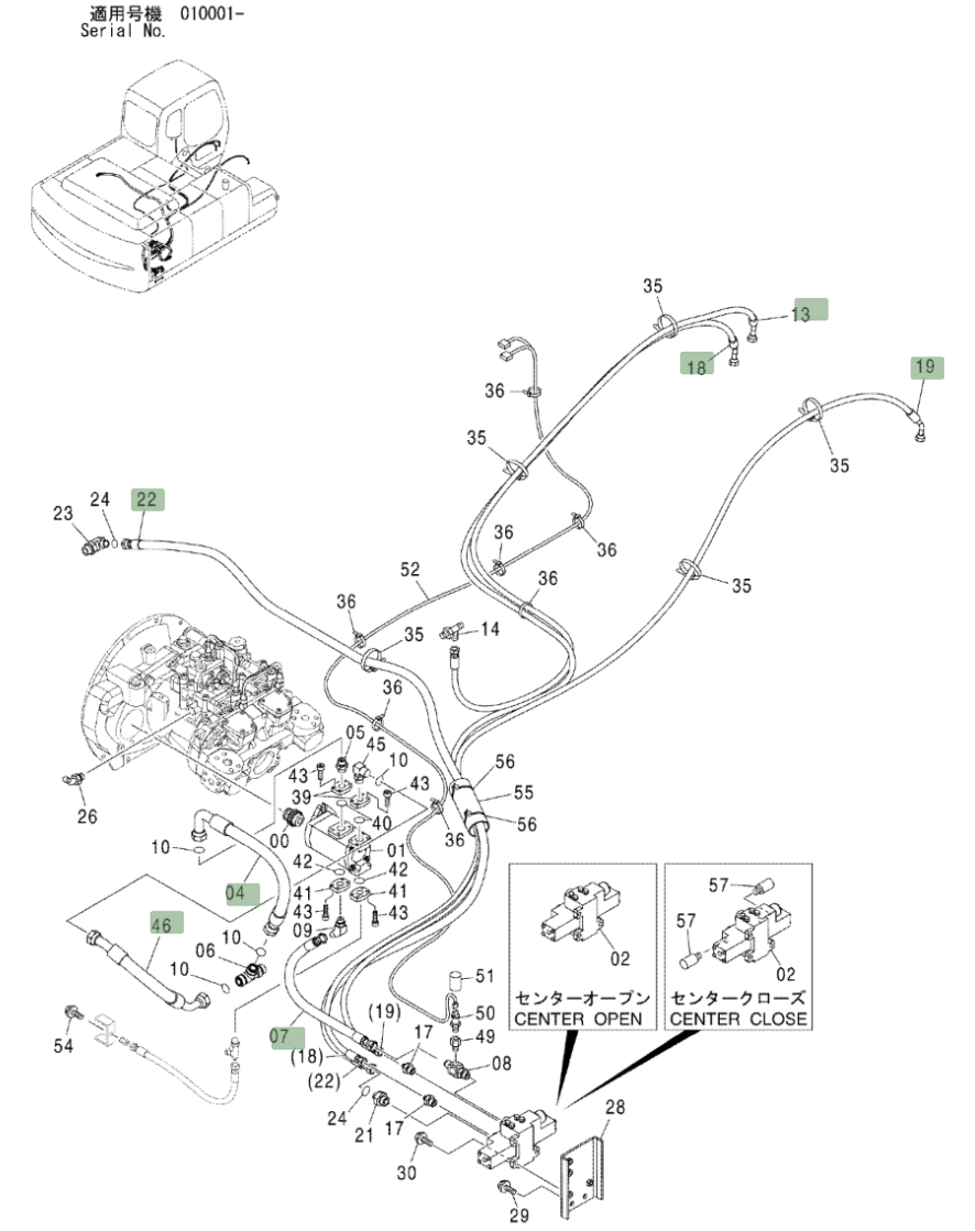 Hitachi ZX230LC installation diagram showing hydraulic hose 4305255 at Pipe No. 7