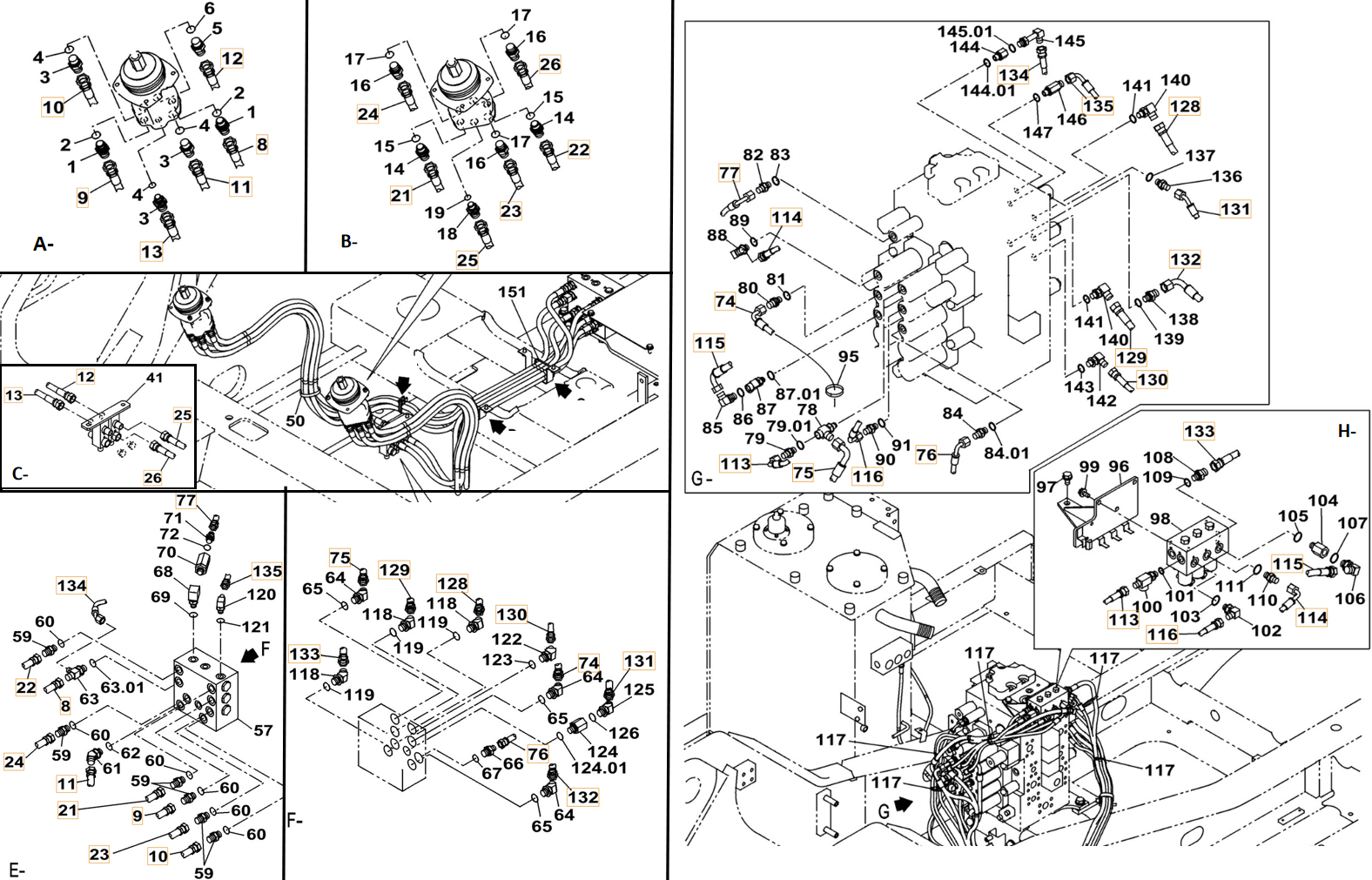 Case CX260C installation diagram showing hydraulic hose KHJ2309 at Pipe No. G114-H114