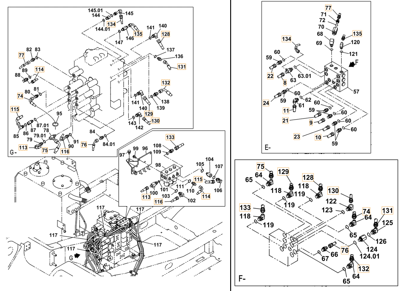 Case CX240C-8 installation diagram showing hydraulic hose KHJ11580 at Pipe No. 132
