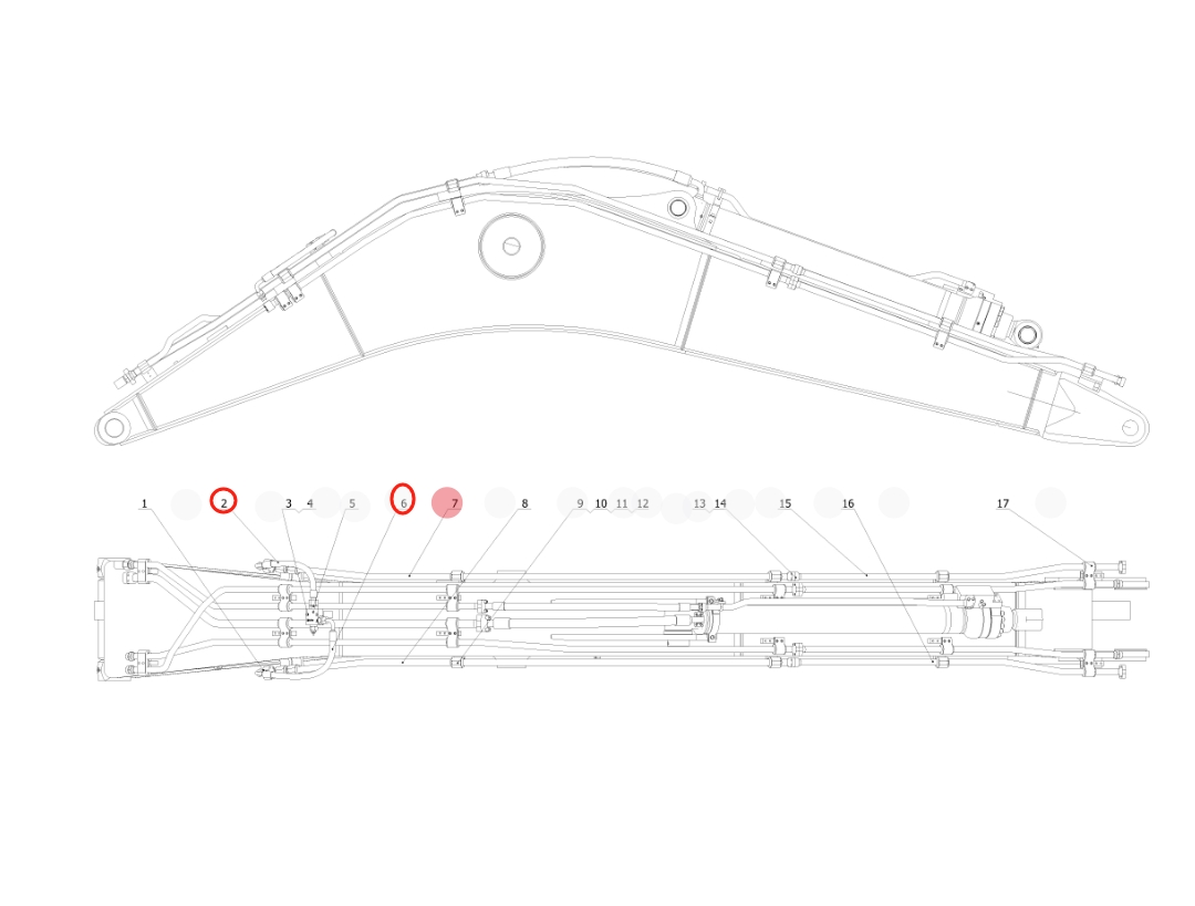 Sunward SWE215E installation diagram showing hydraulic hose 73050200F747 at Pipe No. 2