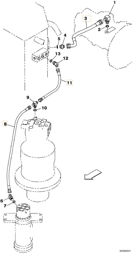 Case CX240BLR installation diagram showing hydraulic hose 163805A1 at Pipe No. 8