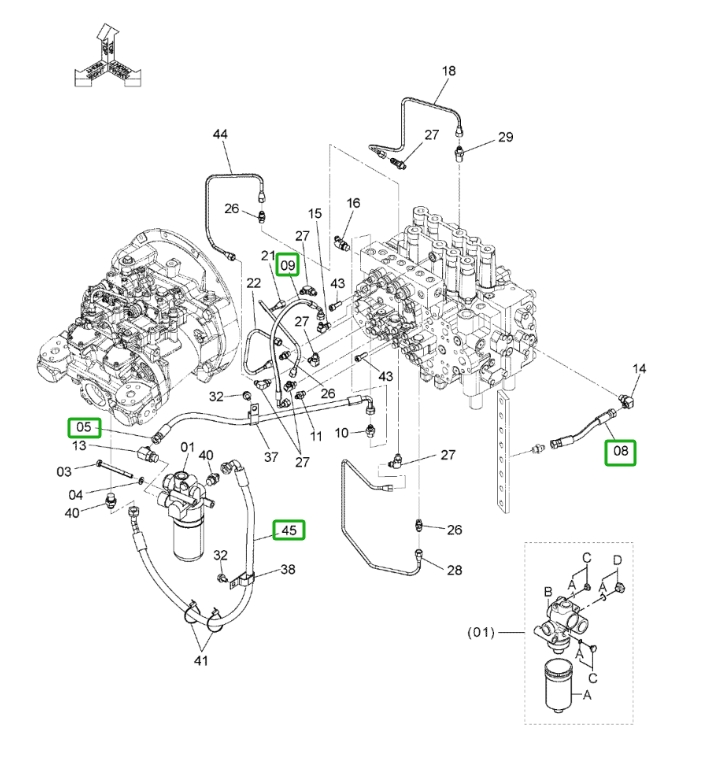 Hitachi ZX160LC-3 installation diagram showing hydraulic hose 4643029 at Pipe No. 9