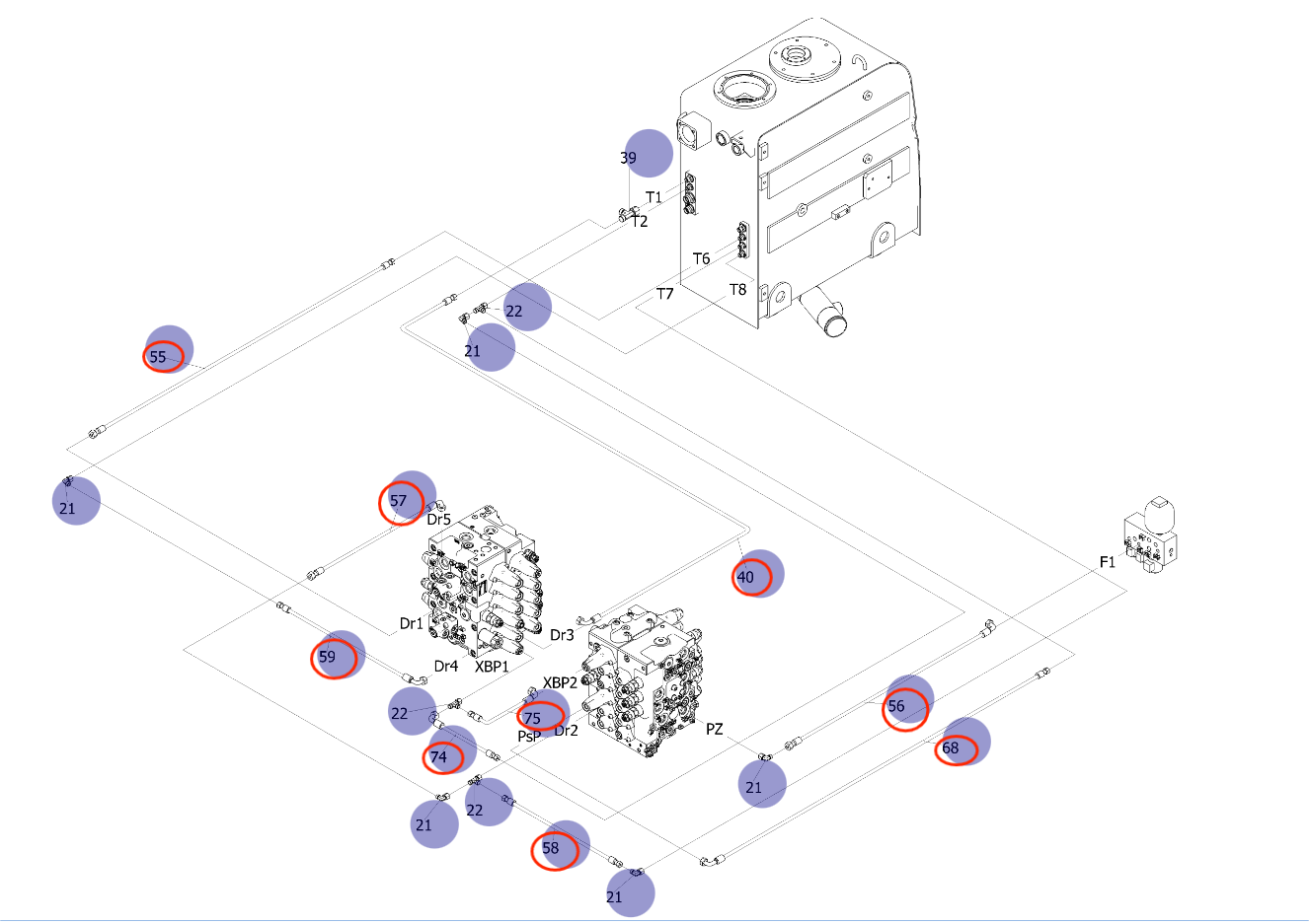 Sunward SWE135E-3H installation diagram showing hydraulic hose 730501001270 at Pipe No. 55