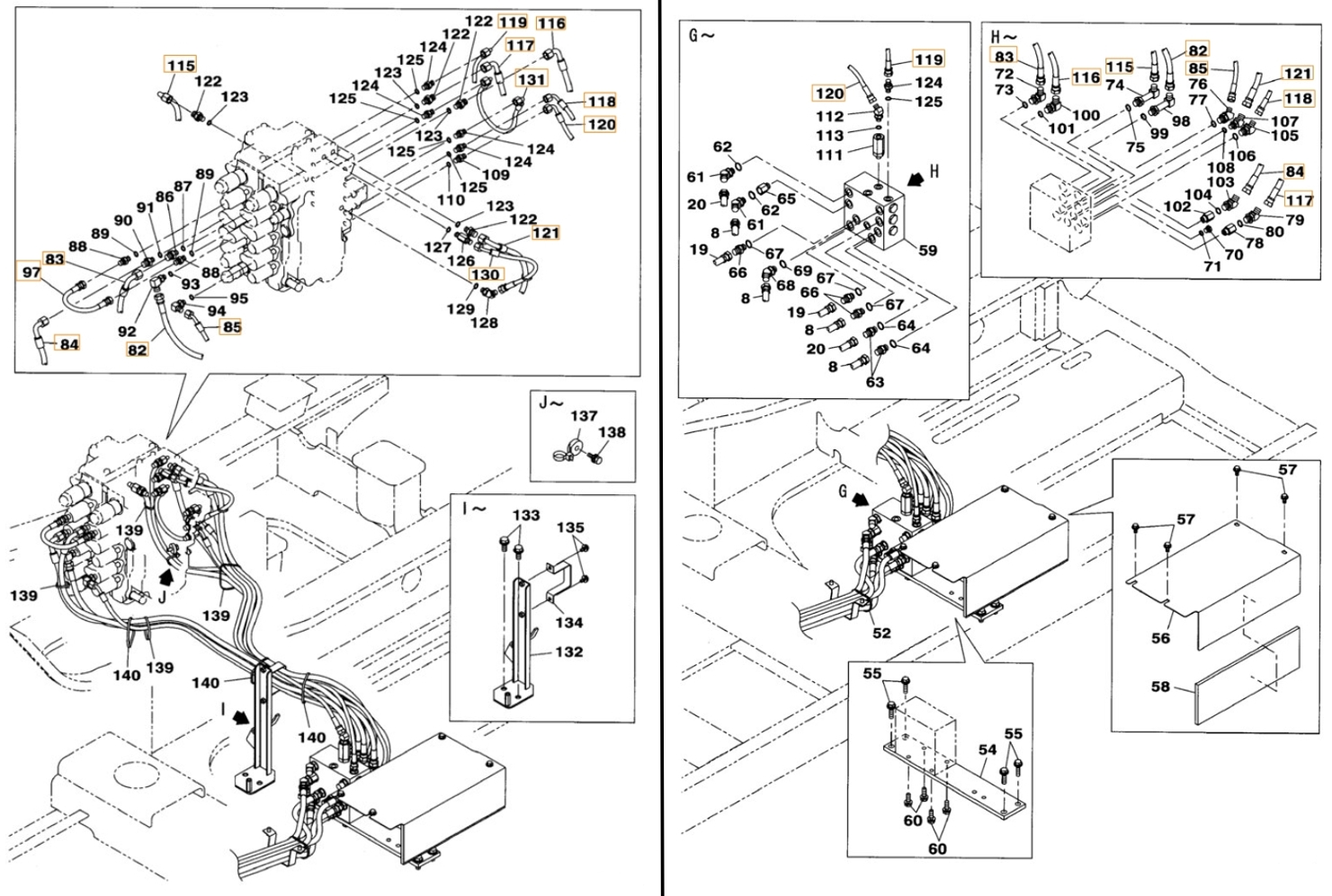 Case CX160B installation diagram showing hydraulic hose KHJ2089 at Pipe No. 120