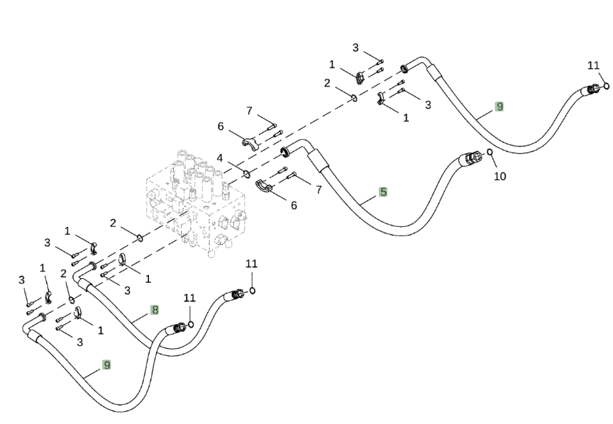 Hitachi ZX380LC-5N installation diagram showing hydraulic hose 9263974 at Pipe No. 9