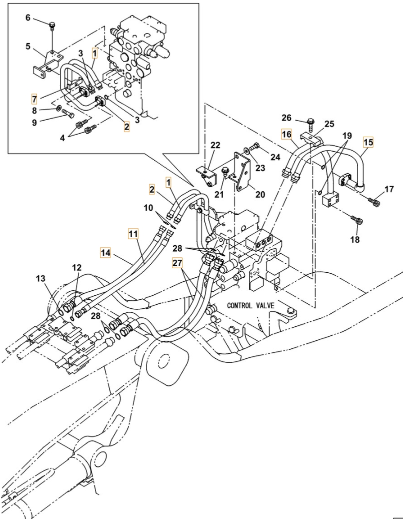Case CX130C-8 installation diagram showing hydraulic hose KNJ15700 at Pipe No. 14